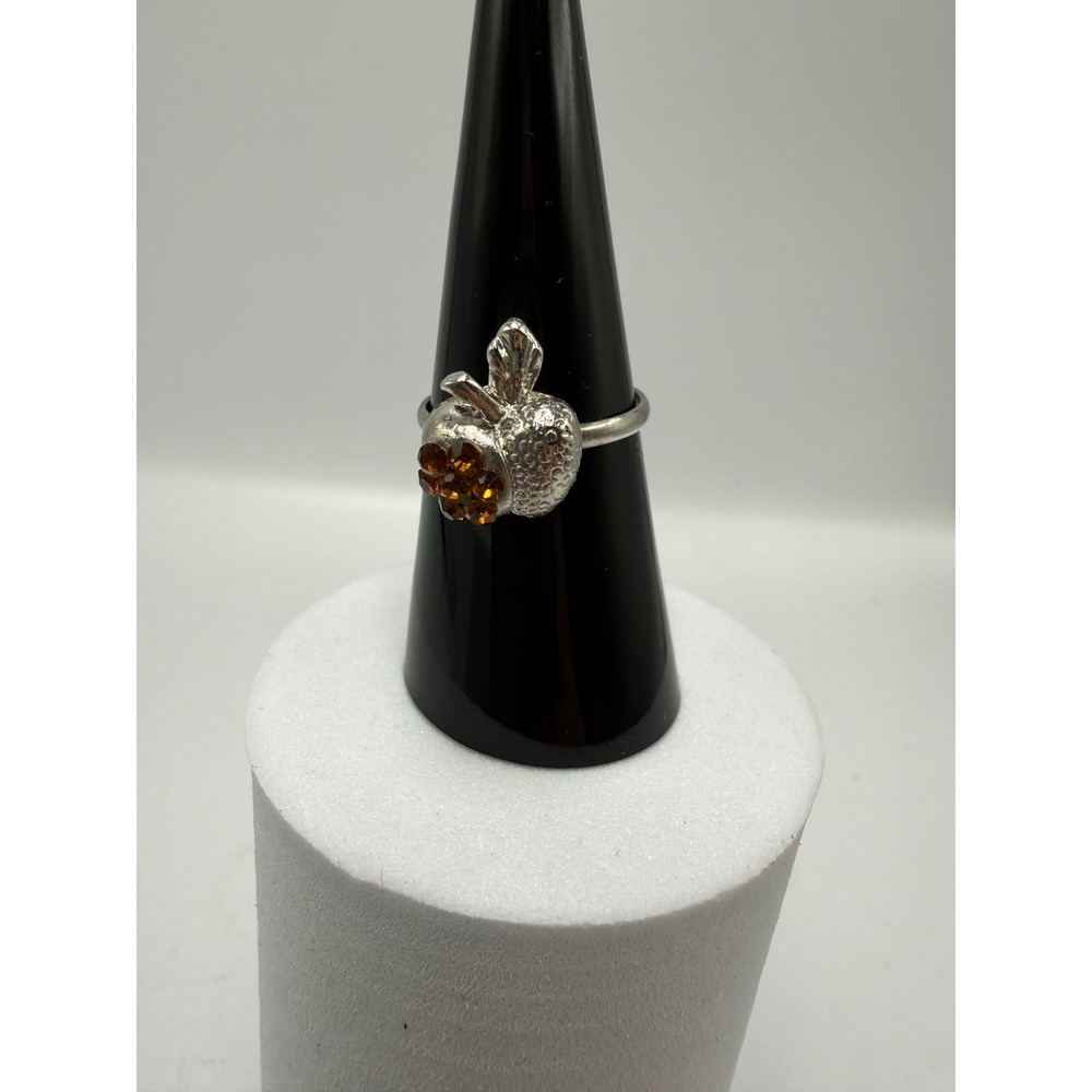 Vintage Silver Tone Apple Ring Amber Rhinestone Adjustable Band Fruit Jewelry
